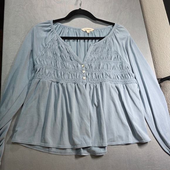 Lucky Brand Tops - Lucky Brand Light Blue Smocked Babydoll Knit Top Long Sleeve Henley Womens Small
